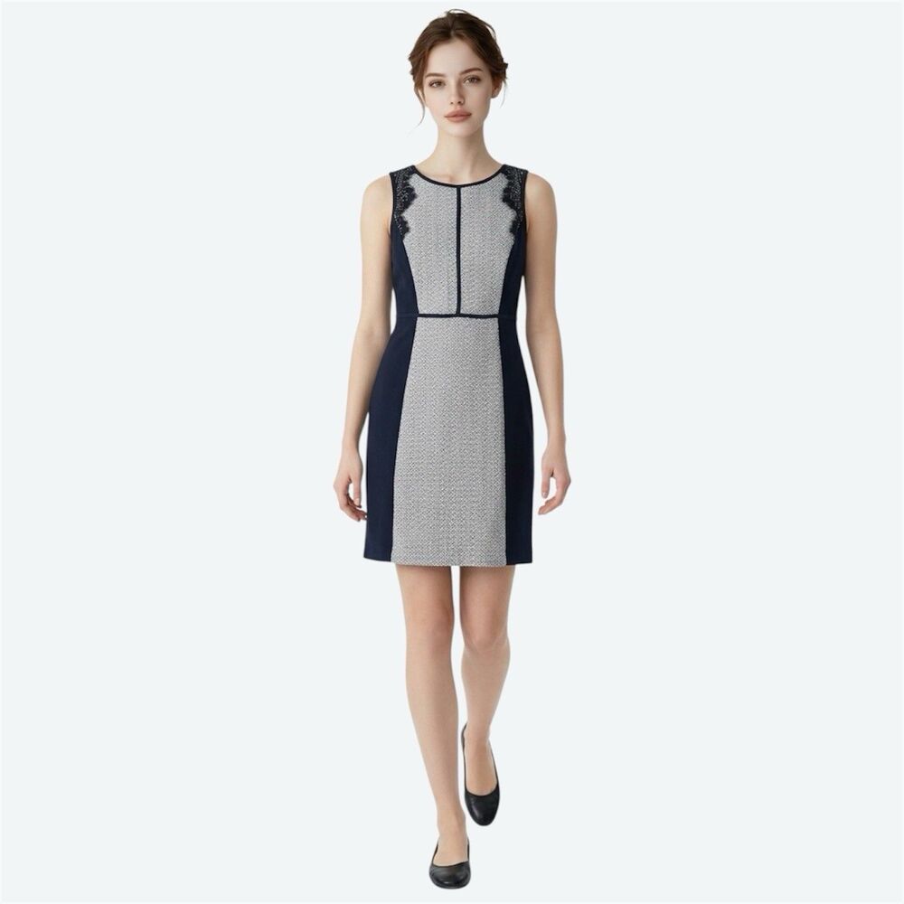 ELLE Women’s Sheath Dress Size 10 Black White Lace Detail 70th Anniversary